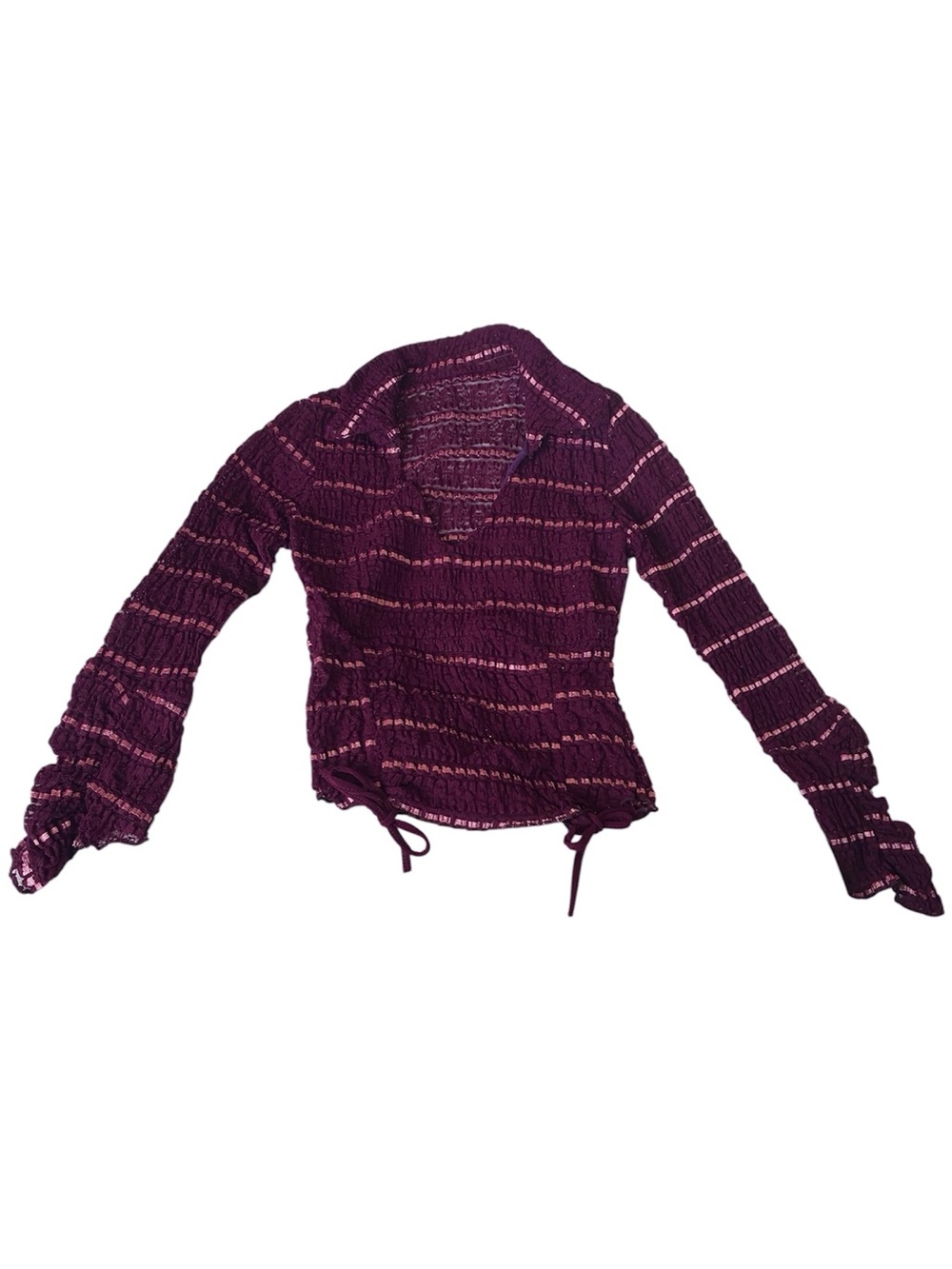 Vintage Plum Purple Collared Bell- Sleeve Lace Ruched Drawstring Long-Sleeve Top